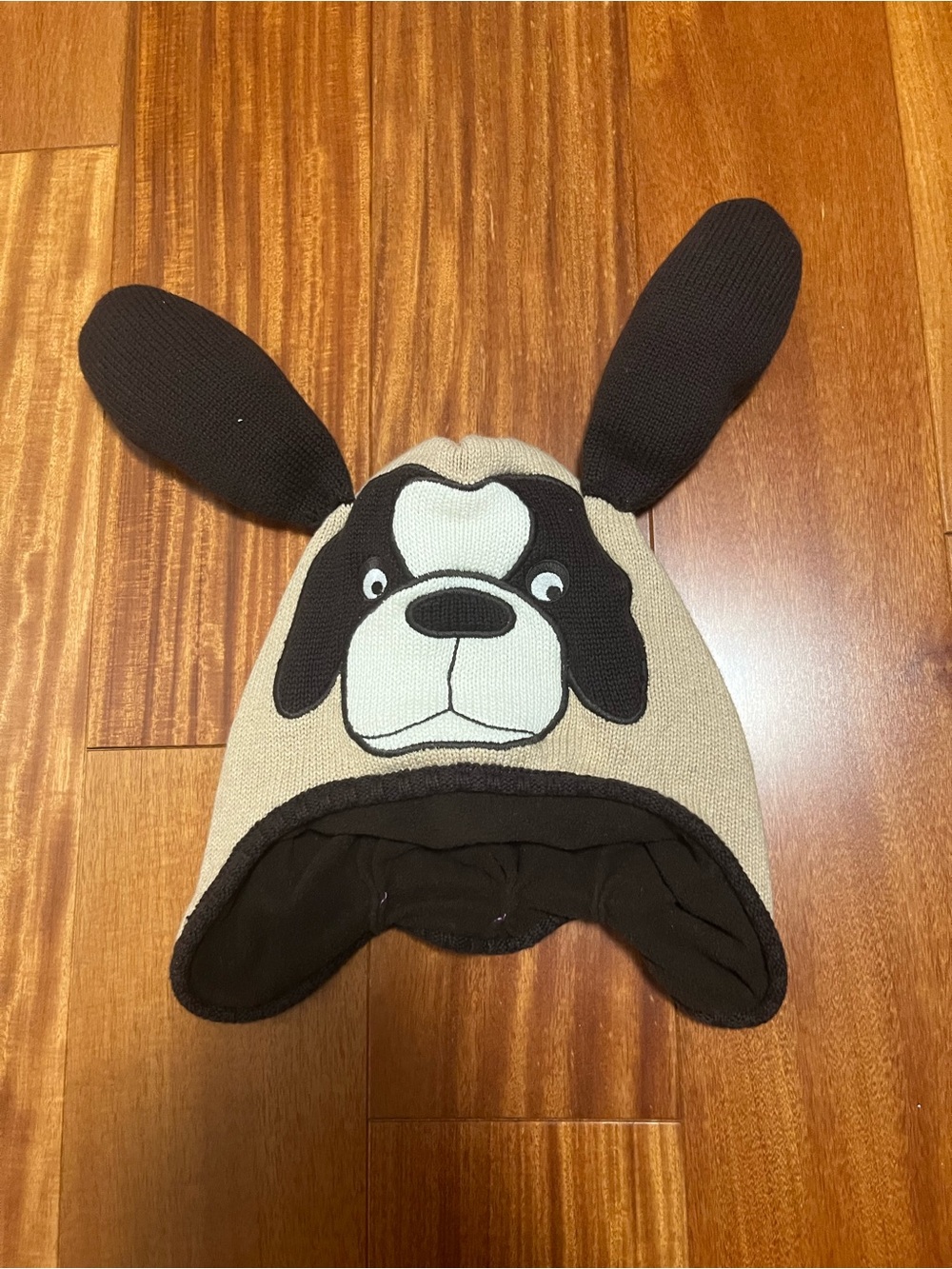 Kids Beige and Black Dog Earflap Beanie Hat